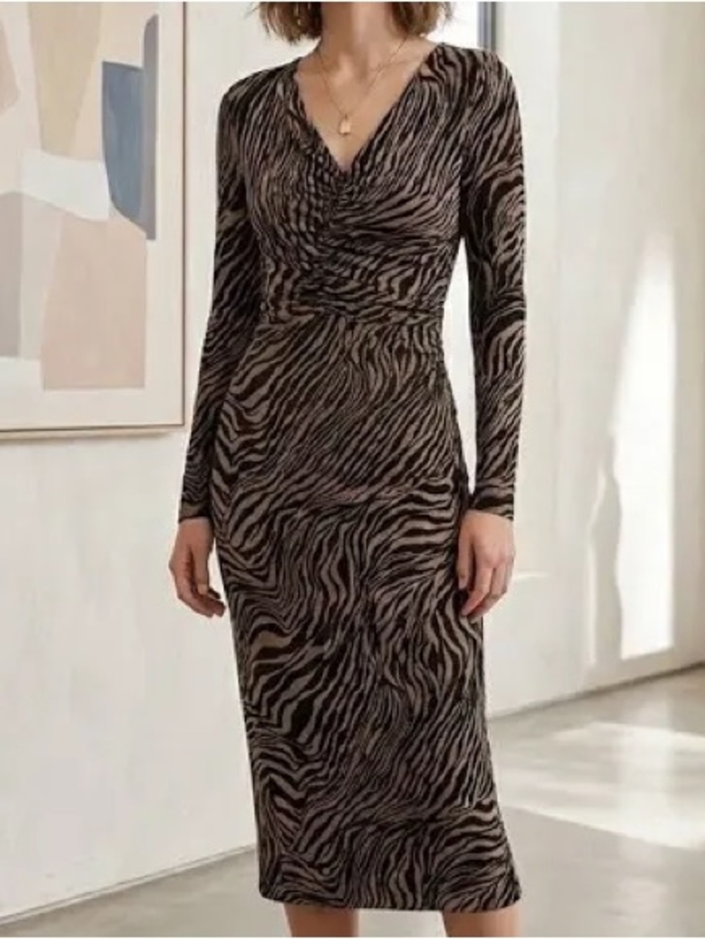 Lafayette 148 Zebra Print Long Sleeve Body-con Midi Dress Medium Party Evening - Picture 2 of 9